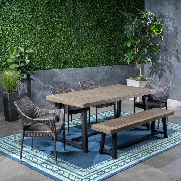 Gdf Studio Brecken Outdoor 6 Piece Dining Set With Stacking Wicker Chairs And Bench