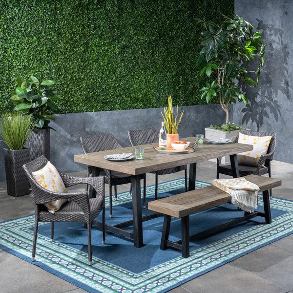 Gdf Studio Brecken Outdoor 6 Piece Dining Set With Stacking Wicker Chairs And Bench