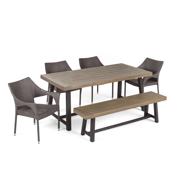 gdf studio Brecken Outdoor 6 Piece Dining Set with Stacking Wicker Chairs and Bench