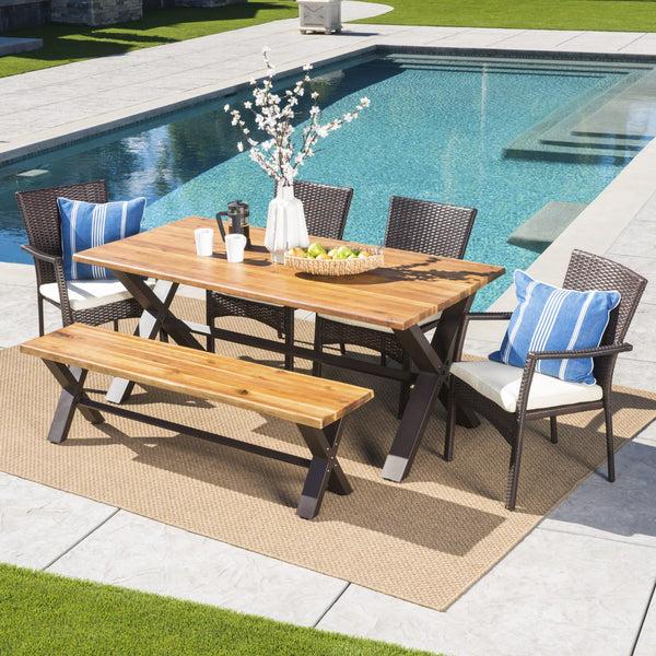 Gdf Studio Brent Outdoor 6 Piece Acacia Wood Dining Set With Wicker Dining Chairs