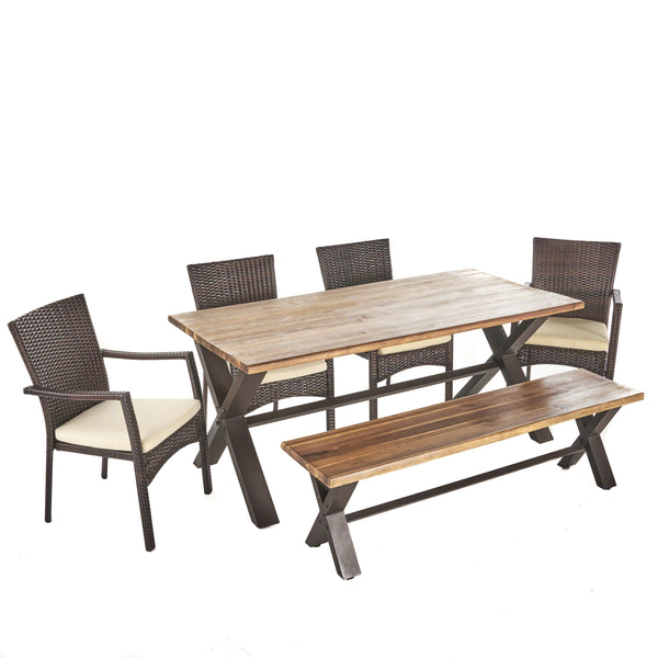 gdf studio Brent Outdoor 6 Piece Acacia Wood Dining Set with Wicker Dining Chairs