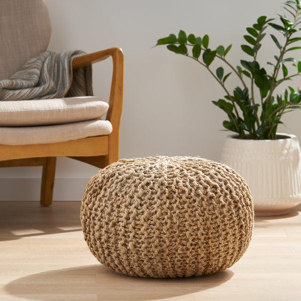 gdf studio Brightridge Boho Handmade Jute Cable Knit Round Pouf