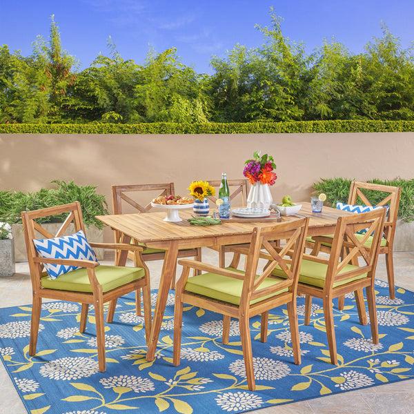 Gdf Studio Brinkley Outdoor 7-Piece Acacia Wood Dining Set With Cushions