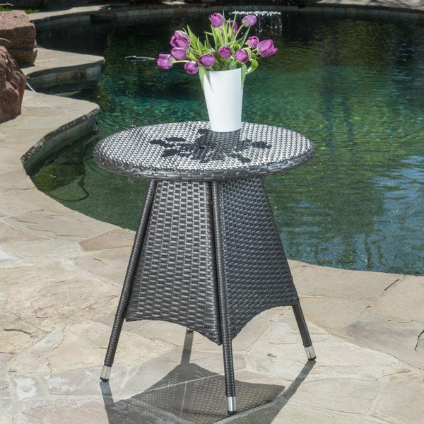 Gdf Studio Bristle Outdoor Round Gray Wicker Bistro Table With Umbrella Hole