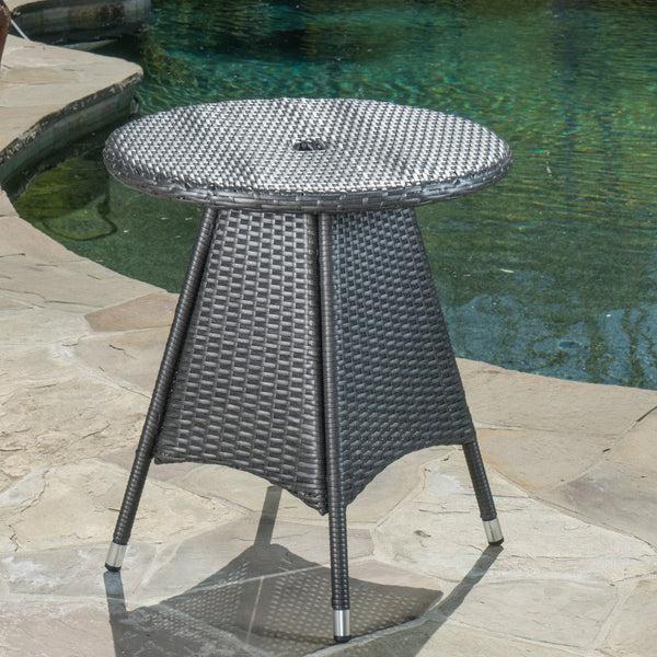 Gdf Studio Bristle Outdoor Round Gray Wicker Bistro Table With Umbrella Hole
