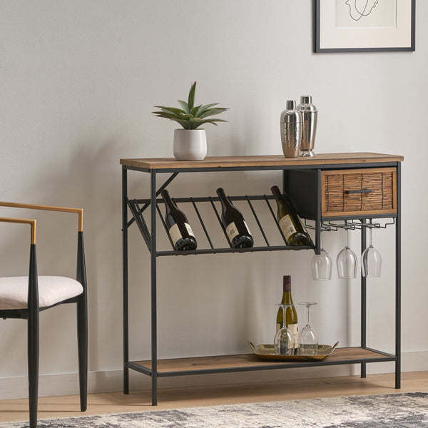 Gdf Studio Broadwater Boho Industrial 8 Bottle Wine Rack Console Table With Storage Natural And Black
