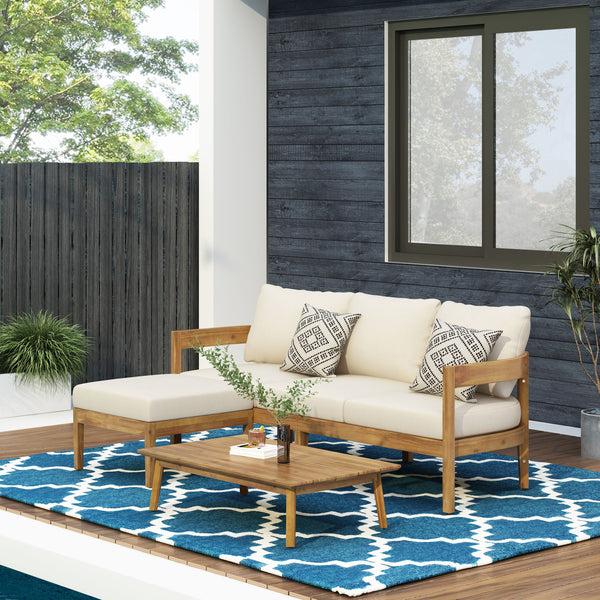 Gdf Studio Brooklyn Outdoor Acacia Wood 3 Seater Sofa Chat Set With Ottoman Teak And Beige