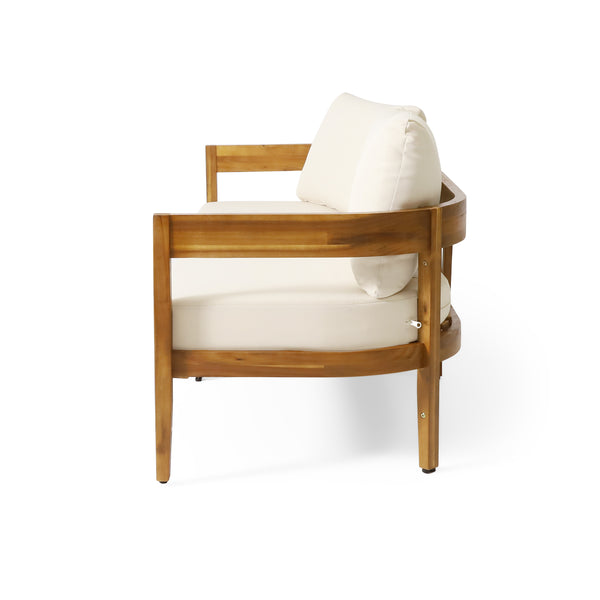 Gdf Studio Brooklyn Outdoor Acacia Wood 3 Seater Sofa Chat Set With Ottoman Teak And Beige