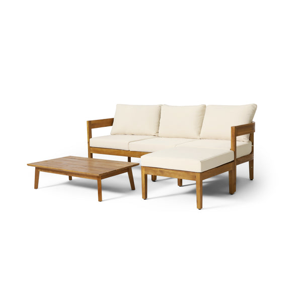 gdf studio Brooklyn Outdoor Acacia Wood 3 Seater Sofa Chat Set with Ottoman Teak and Beige