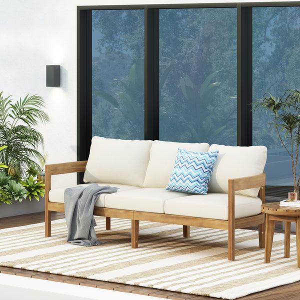 Gdf Studio Brooklyn Outdoor Acacia Wood 3 Seater Sofa With Cushions Teak And Beige