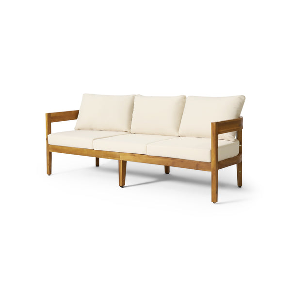gdf studio Brooklyn Outdoor Acacia Wood 3 Seater Sofa with Cushions Teak and Beige