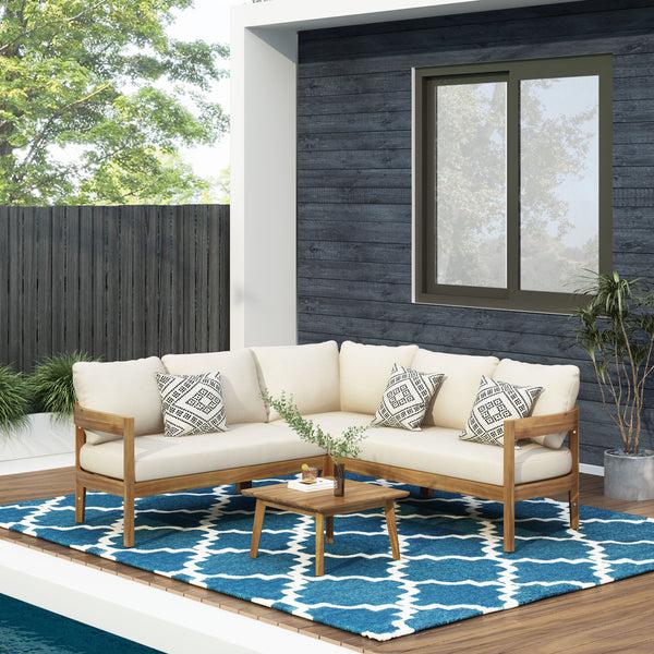 Gdf Studio Brooklyn Outdoor Acacia Wood 5 Seater Sectional Sofa Chat Set With Cushions Teak And Beige
