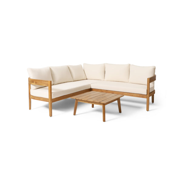 gdf studio Brooklyn Outdoor Acacia Wood 5 Seater Sectional Sofa Chat Set with Cushions Teak and Beige