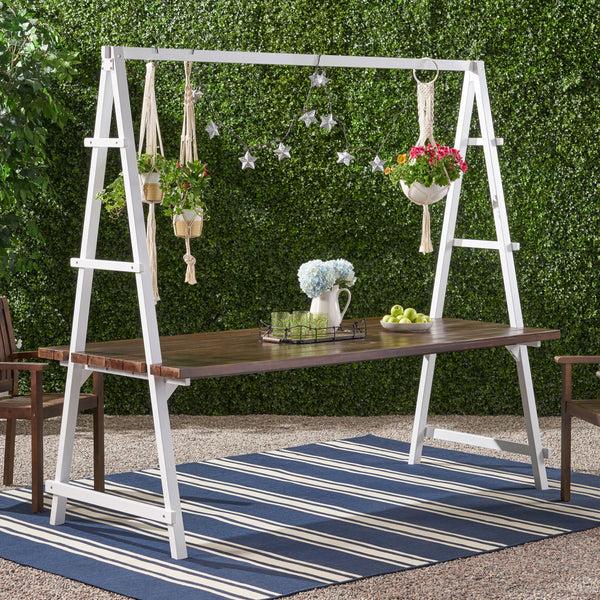 Gdf Studio Brora Outdoor Acacia Wood 88.5" Dining Table With Iron Plant Hanger