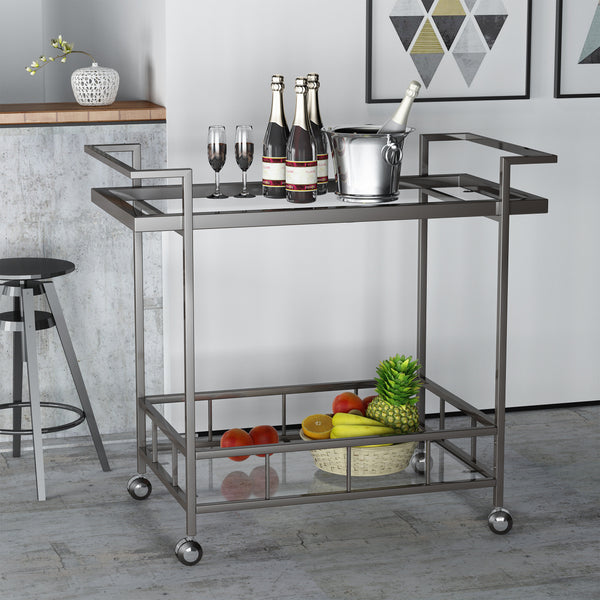 Gdf Studio Brose Indoor Industrial Black Iron Bar Cart With Tempered Glass Shelves