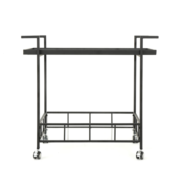 gdf studio Brose Indoor Industrial Black Iron Bar Cart with Tempered Glass Shelves