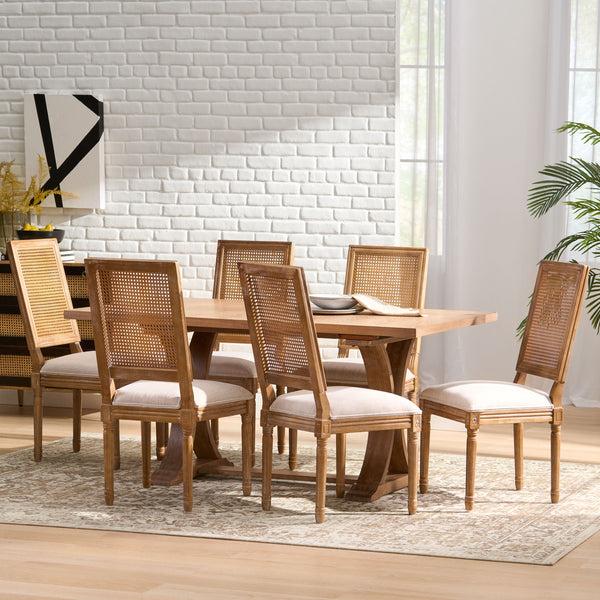 Gdf Studio Brownell French Country Fabric Upholstered Wood And Cane 7 Piece Expandable Dining Set