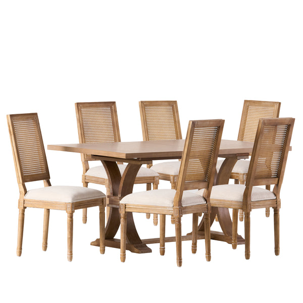 gdf studio Brownell French Country Fabric Upholstered Wood and Cane 7 Piece Expandable Dining Set
