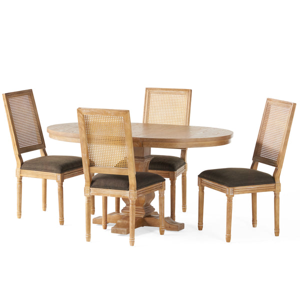 Gdf Studio Brownell French Country Wood And Cane 5-Piece Expandable Oval Dining Set