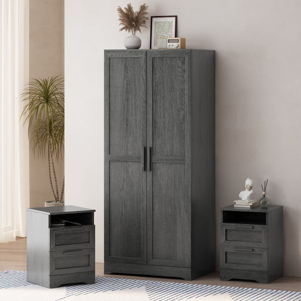 gdf studio Broxon Rustic 3 Piece Wardrobe and 2 Drawer Nightstand Bedroom Set