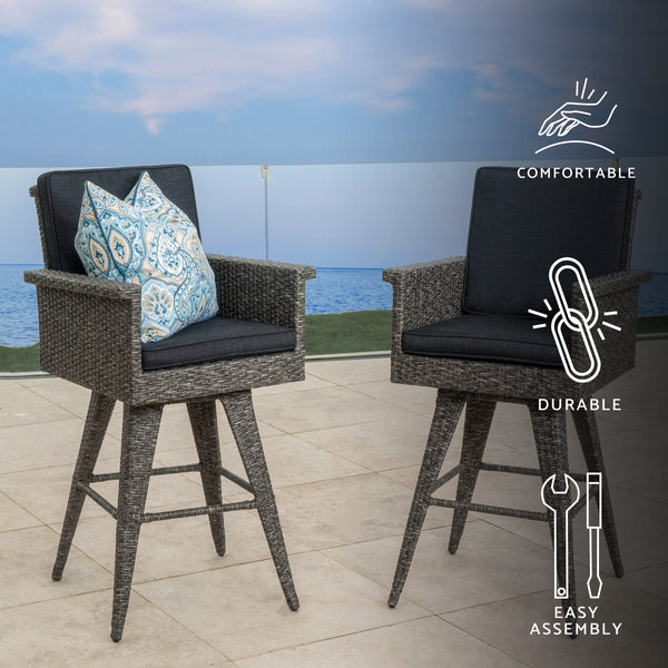 Gdf Studio Budva 30-Inch Outdoor Gray Wicker Barstool (set Of 2)