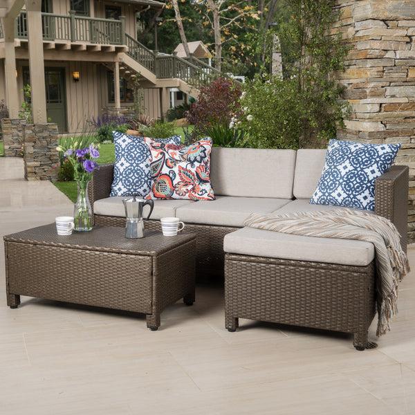 Gdf Studio Budva Outdoor L-shape Brown Wicker Sofa W/ Ceramic Gray Cushions