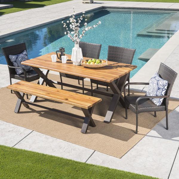 Gdf Studio Bula Outdoor 6 Piece Acacia Wood Dining Set With Wicker Stacking Chairs