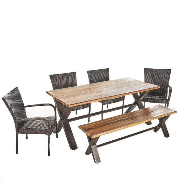 gdf studio Bula Outdoor 6 Piece Acacia Wood Dining Set with Wicker Stacking Chairs
