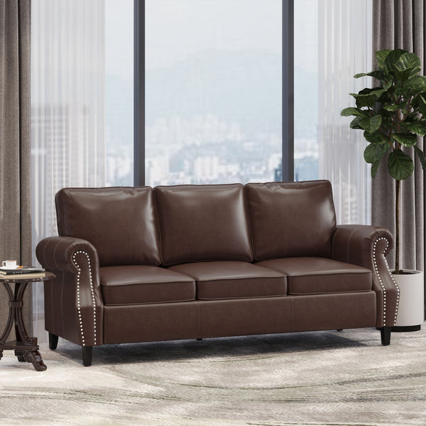 Gdf Studio Burkehaven Contemporary Faux Leather 3 Seater Sofa With Nailhead Trim