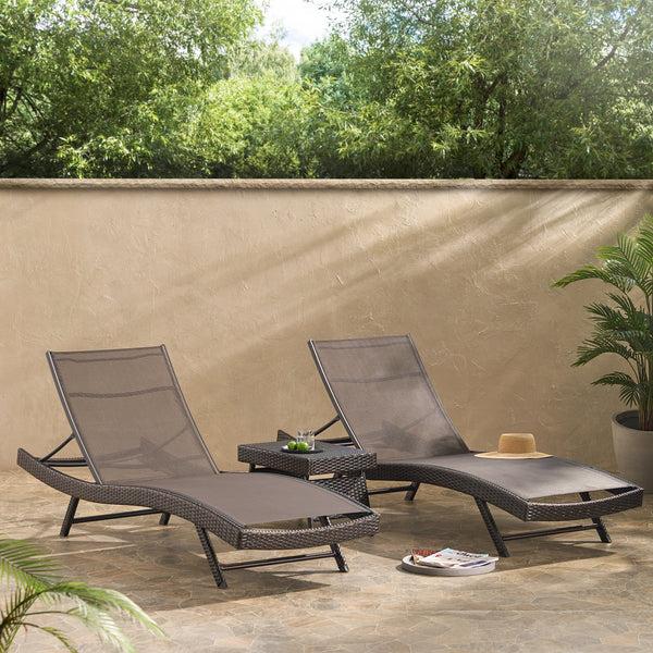 Gdf Studio Burnham Outdoor 3pc Brown Mesh Chaise Lounge Chairs Set