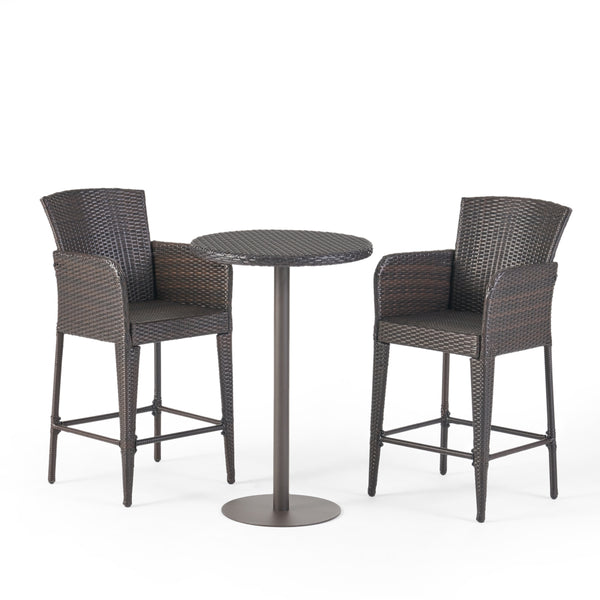 gdf studio Burrough Outdoor 3 Piece Round Multi-brown Wicker Bar Set