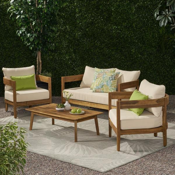 Gdf Studio Burrough Outdoor Acacia Wood 4 Seater Chat Set With Cushions