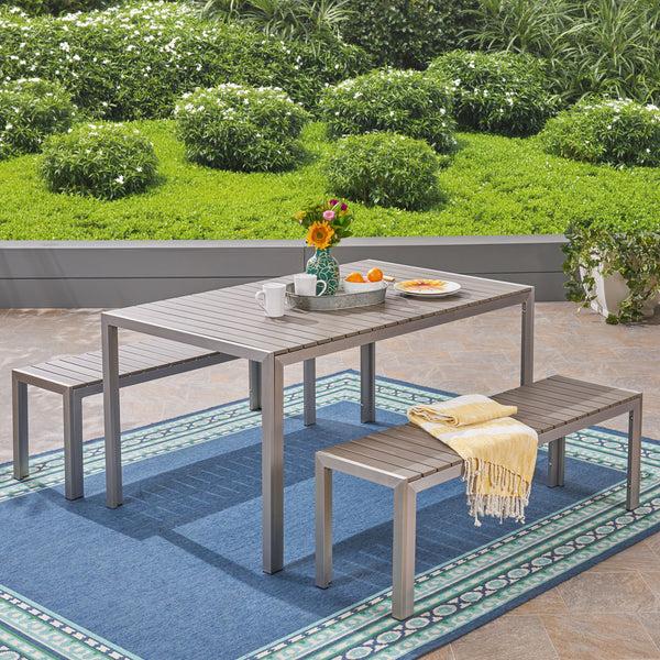 Gdf Studio Butler Outdoor Aluminum Picnic Set With Faux Wood Top Silver And Natural