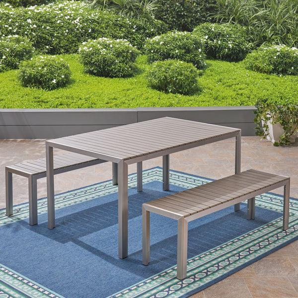 Gdf Studio Butler Outdoor Aluminum Picnic Set With Faux Wood Top Silver And Natural