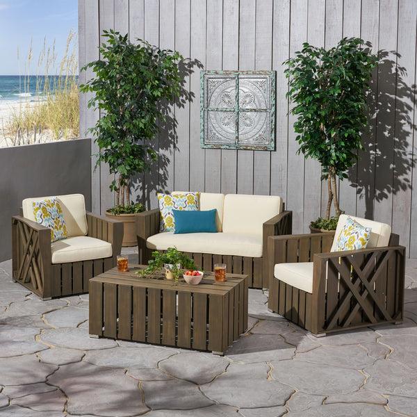 Gdf Studio Calade Outdoor 4-piece Acacia Wood Chat Set With Cushions