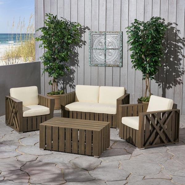 Gdf Studio Calade Outdoor 4-piece Acacia Wood Chat Set With Cushions