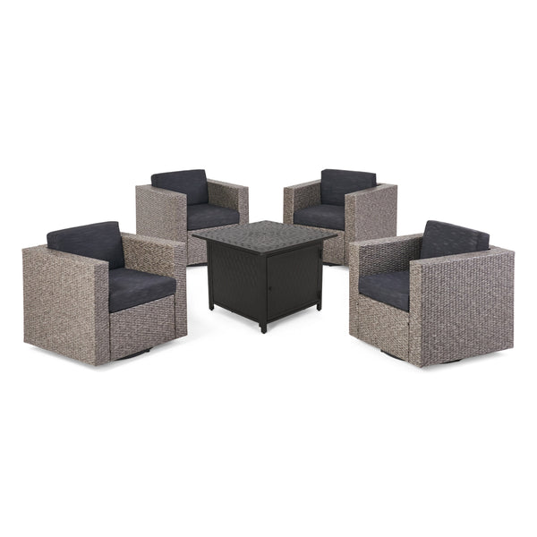 Gdf Studio Calella Outdoor 4 Seater Wicker Swivel Chair And Fire Pit Set