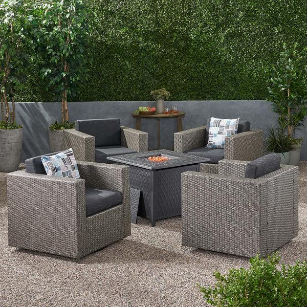 gdf studio Calella Outdoor 4 Seater Wicker Swivel Chair and Fire Pit Set