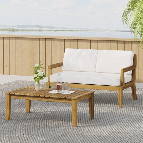 Gdf Studio Camak Outdoor Acacia Wood Loveseat And Coffee Table Set Teak Beige