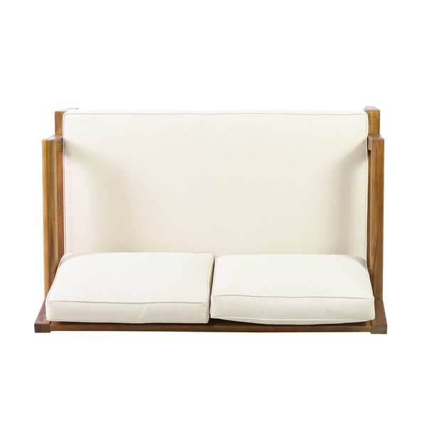 Gdf Studio Camak Outdoor Acacia Wood Loveseat And Coffee Table Set Teak Beige