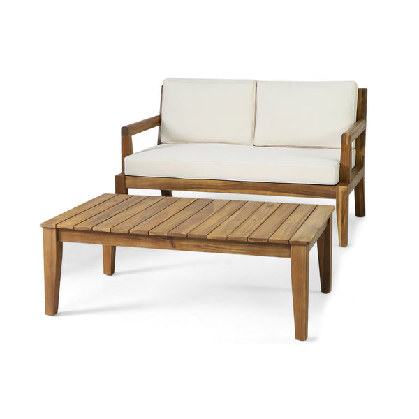 gdf studio Camak Outdoor Acacia Wood Loveseat and Coffee Table Set Teak Beige