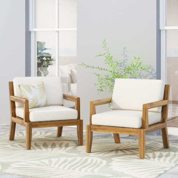 Gdf Studio Camak Rossville Outdoor Acacia Wood Club Chairs With Cushions Set Of 2 Teak And Beige