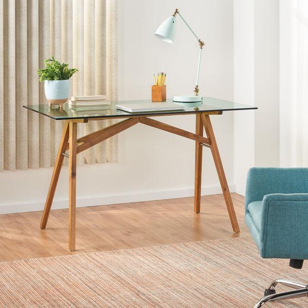 Gdf Studio Camey Mid-Century Acacia Wood Desk With Tempered Glass Top