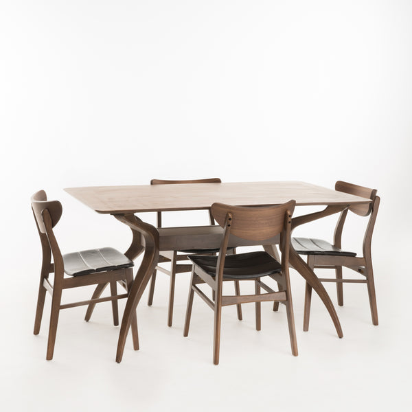 gdf studio Camilla Dark Brown Leather Wood Finish Curved Leg Rectangular 5 Piece Dining Set