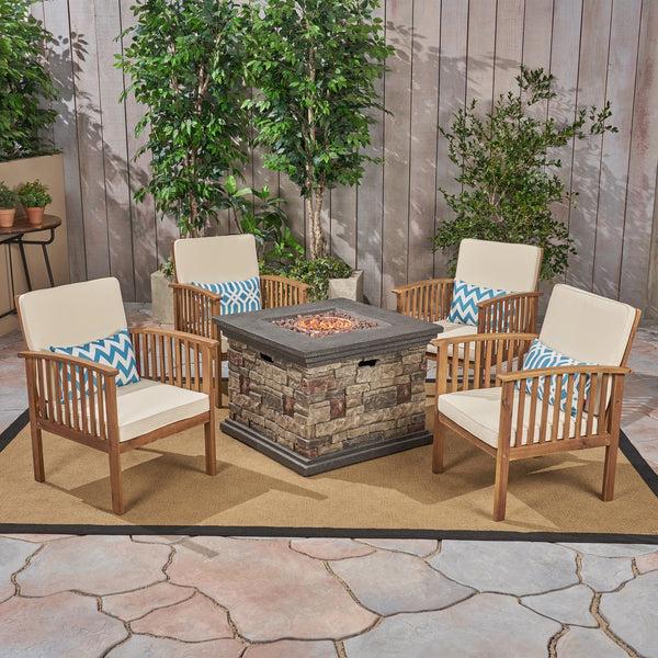 Gdf Studio Cape Outdoor 4-Seater Acacia Wood Club Chairs With Firepit Brown Patina Finish And Cream And Stone