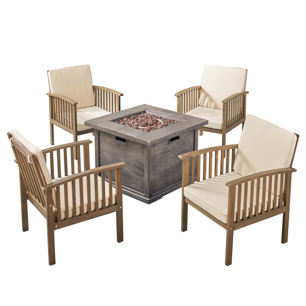 Gdf Studio Cape Outdoor 4-Seater Acacia Wood Club Chairs With Firepit Gray Finish And Cream And Wood Pattern