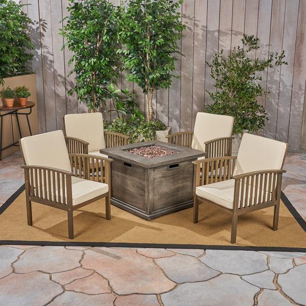 gdf studio Cape Outdoor 4-Seater Acacia Wood Club Chairs with Firepit Gray Finish and Cream and Wood Pattern