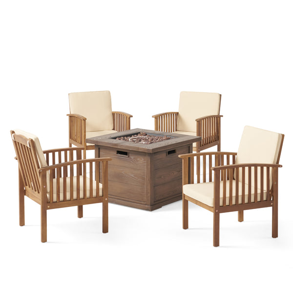 gdf studio Cape Outdoor 4-Seater Acacia Wood Club Chairs with Firepit