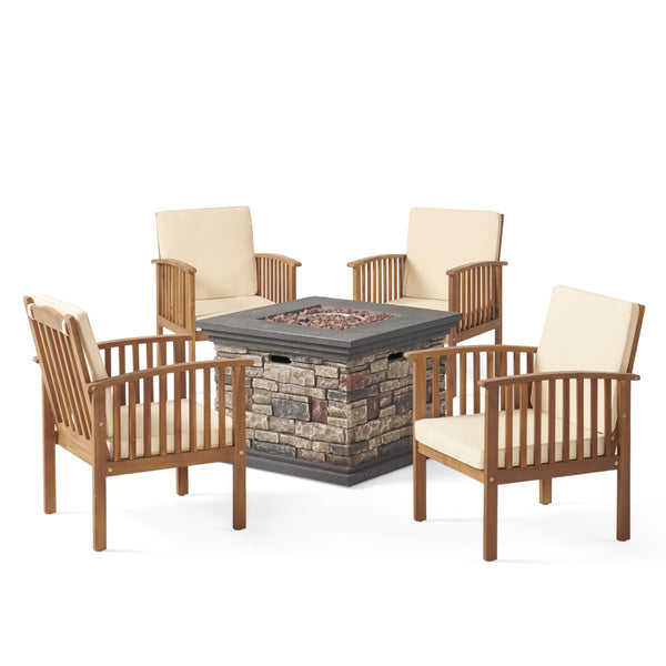 gdf studio Cape Outdoor 4-Seater Acacia Wood Club Chairs with Firepit Brown Patina Finish and Cream and Stone