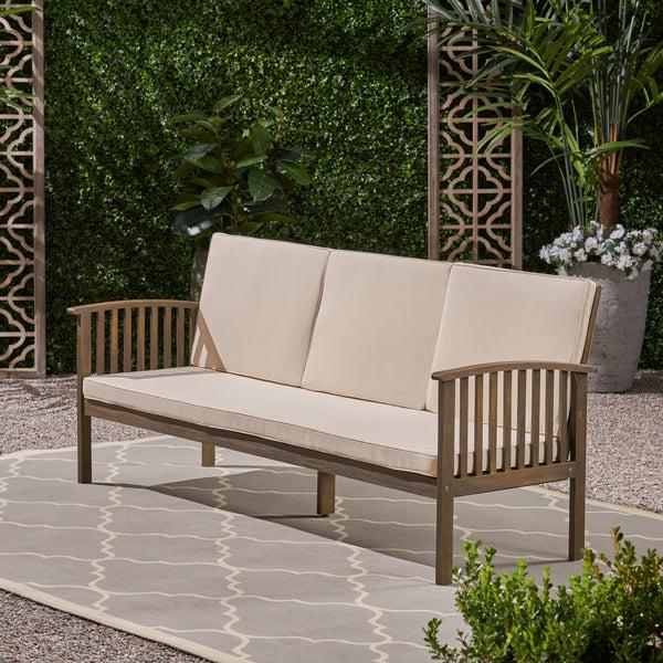 Gdf Studio Cape Outdoor Open Slat Acacia Wood 3-Seater Sofa W/ Water-Resistant Cushions